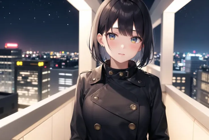 best quality, 1girl, solo, black hair, short bob, (black coat), night, city,