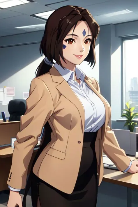 Peorth, (bob cut with low ponytail), brown eyes, smile, large breasts, office lady, blazer, shirt, pencil skirt, pantyhose, office, indoors, (high resolution), sharp focus, vibrant colors, 4k wallpaper, beautiful eyes