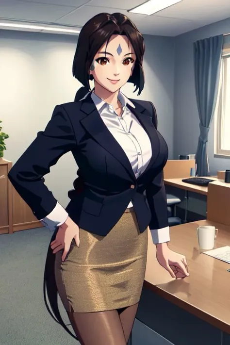 Peorth, (bob cut with low ponytail), brown eyes, smile, large breasts, office lady, blazer, shirt, pencil skirt, pantyhose, office, indoors, (high resolution), sharp focus, vibrant colors, 4k wallpaper, beautiful eyes