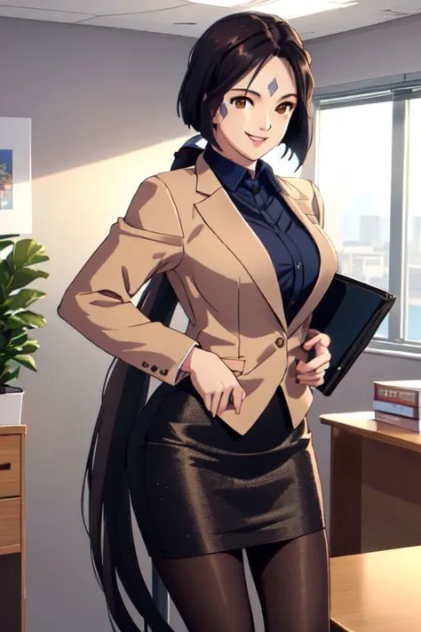 Peorth, (bob cut with low ponytail), brown eyes, smile, large breasts, office lady, blazer, shirt, pencil skirt, pantyhose, office, indoors, (high resolution), sharp focus, vibrant colors, 4k wallpaper, beautiful eyes