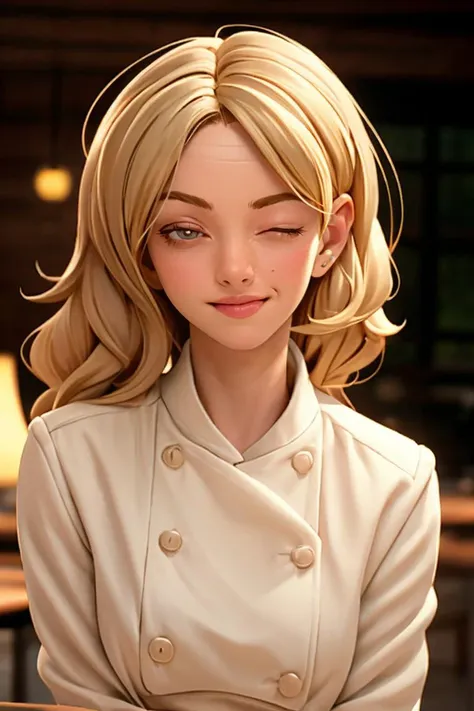 1girl, solo, portrait, chef, at kitchen, bend over the table, smirk, soft lighting, looking at viewer, blurry background, bokeh, chromatic aberration, depth of field, masterpiece, best quality, ultra-detailed, ultra high res, (photorealistic:1.4), raw photo, (realistic:0.2), 8k HDR, f1.4, 40mm, photorealistic, raw, 8k, textured skin, skin pores, intricate details, by Dorothea Lange
 <lora:epiCRealismHelper:1> <lora:PAseer-SD15-LCM Quick:1> <lora:amanda_seyfried_lora_v01:1> as85, blonde hair <lora:l_wnk_we_sd_64_32:1> (winking expression:1.4)