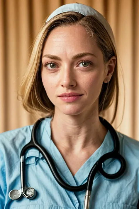 1girl, solo, portrait of a nurse wearing blue scrub, stethoscope, smile, hospital, soft lighting, looking at viewer, blurry background, bokeh, chromatic aberration, depth of field, masterpiece, best quality, ultra-detailed, ultra high res, (photorealistic:1.4), raw photo, (realistic:0.2), 8k HDR, f1.4, 40mm, photorealistic, raw, 8k, textured skin, skin pores, intricate details, by Dorothea Lange
 <lora:epiCRealismHelper:1> <lora:PAseer-SD15-LCM Quick:1> <lora:amanda_seyfried_lora_v01:1> as85, blonde hair