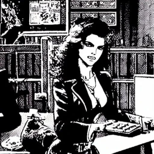 TheOldShadowrunStyles, woman in a dark bar, sexy, holding gun, decker with keyboard, hacking, looking cool