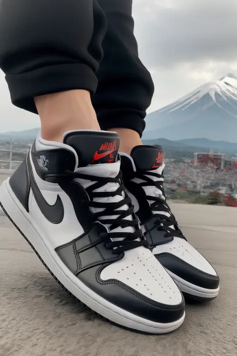 oot focus,black shoes,aj1,mount fuji,  photorealistic, shot by Sony a7iii,<lora:aj1:0.6>