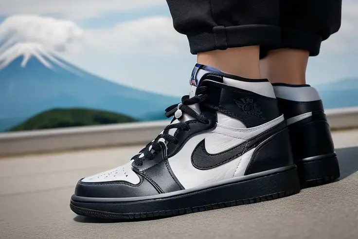 oot focus,black shoes,aj1,mount fuji,  photorealistic, shot by Sony a7iii,<lora:aj1:0.6>