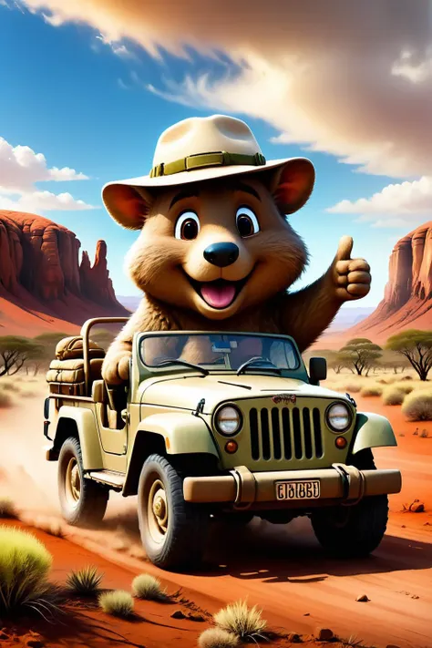 digital masterpiece, Disney Pixar style, Franklin the friendly wombat driving a jeep through the Australian outback, wearing olive safari dress and a funny hat, thumbs up, dirty fur made of drath, friendly smile, inviting tourists to join him for an exclusive tour, uluru background, hot summer day, dry soil, extremely detailed, <lora:add-detail-xl:2>,  <lora:dryearth:0.7>,  <lora:SDXLFaeTastic2400:0.7>