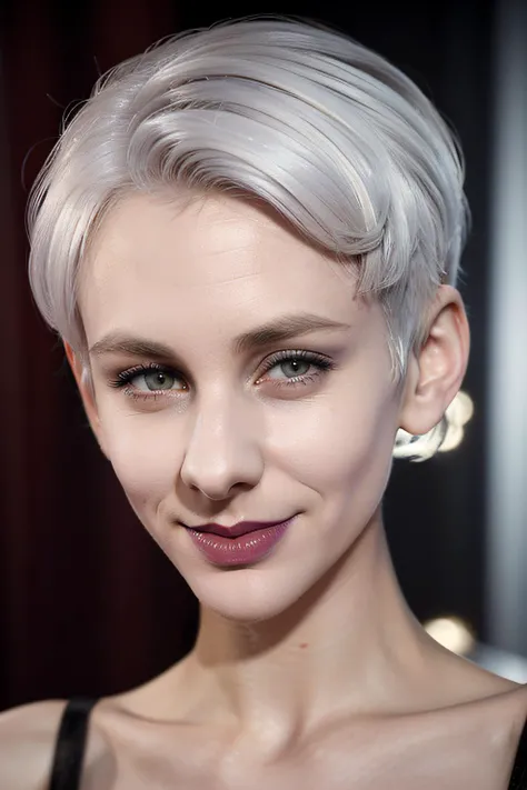 LisaEckhart, woman, portrait, realistic, white hair, short hair, smile, makeup, lipstick, highly detailed, 8k, dress, Ultra-HD-snapshot-realistic-details
<lora:LisaEckhartSD_v3:0.8>