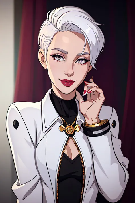 LisaEckhart, woman, realistic, white hair, short hair, smile, makeup, lipstick, highly detailed, 8k, jacket, upper body, Ultra-HD-snapshot-realistic-details
<lora:LisaEckhartSD_v3:0.8>