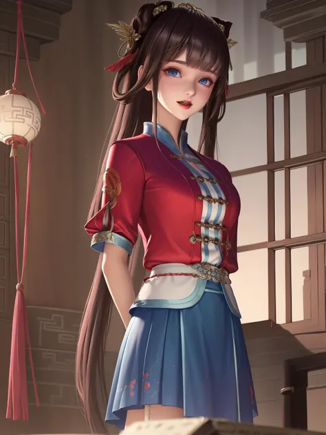 1 girl,dress,arms behind back,cityscape,lake,night,standing,bedroom,window,short sleeves, hair ornament,mature female,red jacket, <lora:xishi linglong_20230704022500-000015:0.7>,hair ornament, bangs, looking at viewer, standing, skirt,dress,blue eyes, chinese clothes, white shirt, twintails,