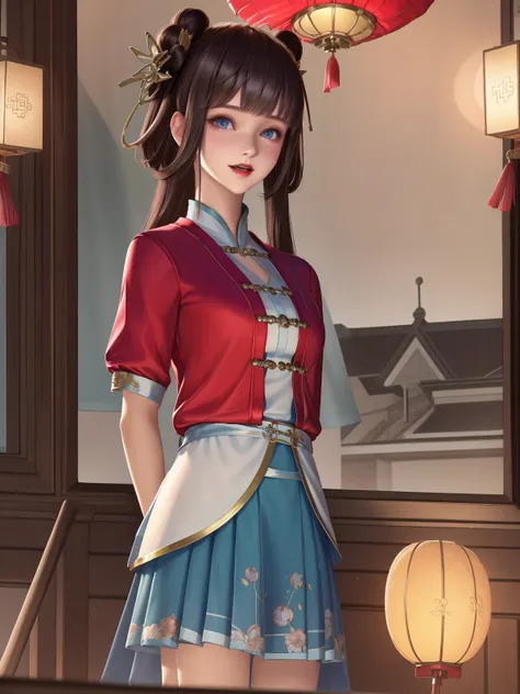 1 girl,dress,arms behind back,cityscape,lake,night,standing,bedroom,window,short sleeves, hair ornament,mature female,red jacket, <lora:xishi linglong_20230704022500-000015:0.7>,hair ornament, bangs, looking at viewer, standing,cyan skirt,dress,blue eyes, chinese clothes, white shirt, twintails,light smile,