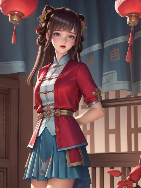 1 girl,dress,arms behind back,cityscape,lake,night,standing,bedroom,window,short sleeves, hair ornament,mature female,red jacket, <lora:xishi linglong_20230704022500-000015:0.7>,hair ornament, bangs, looking at viewer, standing,cyan skirt,dress,blue eyes, chinese clothes, white shirt, twintails,