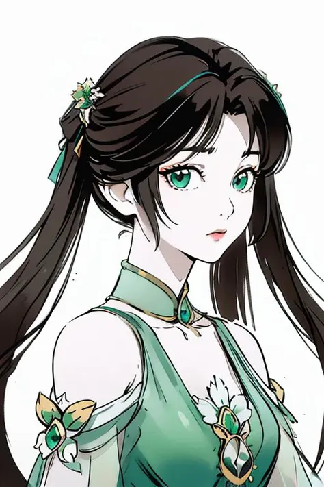 <lora:biyao:1>,biyao,1girl,solo,twintails,green dress,dress,(white background:1.5),upper body,Emerald,hair ornament,looking at viewer,black hair,long hair,(simple background:1.4),brown hair,clothing cutout,chinese clothes,shoulder cutout,
<lora:Freehand_Brushwork:0.6>,<lora:animeLineartMangaLike_v20Offset:0.4>,monochrome,lineart,(very long hair:1.3),
portrait,dynamic_angle,front view,kittew,cuteg,flat chest,small_breasts,, best quality , masterpiece, illustration, an extremely delicate and beautiful, extremely detailed ,CG,unity,8k wallpaper, Amazing, finely detail, masterpiece, best quality,official art,extremely detailed CG unity 8k wallpaper,absurdres, incredibly absurdres, huge filesize , ultra-detailed, highres, extremely detailed,beautiful detailed girl, extremely detailed eyes and face, beautiful detailed eyes,light on face,