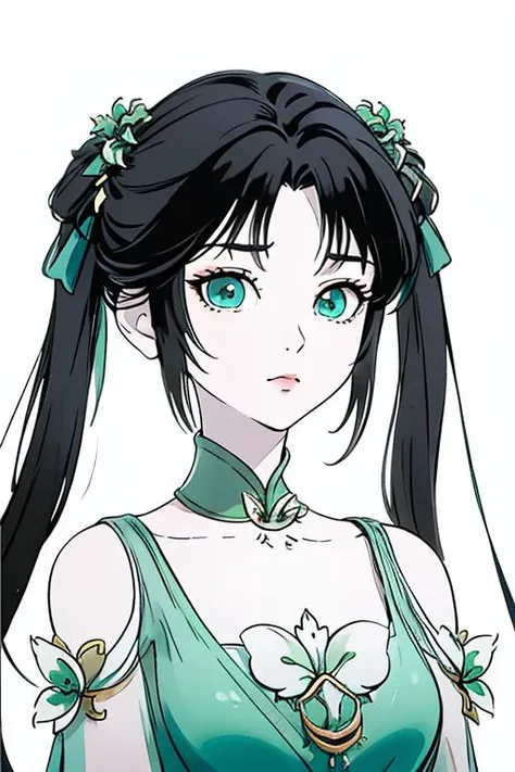 <lora:biyao:1>,biyao,1girl,solo,twintails,green dress,dress,(white background:1.5),upper body,Emerald,hair ornament,looking at viewer,black hair,long hair,(simple background:1.4),brown hair,clothing cutout,chinese clothes,shoulder cutout,
<lora:Freehand_Brushwork:0.4>,<lora:animeLineartMangaLike_v20Offset:0.7>,monochrome,lineart,(very long hair:1.3),
portrait,dynamic_angle,front view,kittew,cuteg,flat chest,small_breasts,arms_crossed,, best quality , masterpiece, illustration, an extremely delicate and beautiful, extremely detailed ,CG,unity,8k wallpaper, Amazing, finely detail, masterpiece, best quality,official art,extremely detailed CG unity 8k wallpaper,absurdres, incredibly absurdres, huge filesize , ultra-detailed, highres, extremely detailed,beautiful detailed girl, extremely detailed eyes and face, beautiful detailed eyes,light on face,