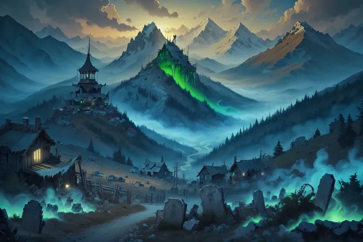 DREAD, <lora:WorldofSigmarnighthaunts:1>, tattered rags, green glowing aura, Valleys Mountain Air,Speleothem,Eagle , horror,