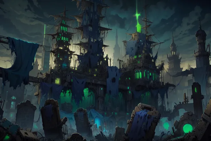 DREAD, <lora:WorldofSigmarnighthaunts:1>, tattered rags, green glowing aura, Steampunk City Dark Magic,Holodeck,Starlight ,