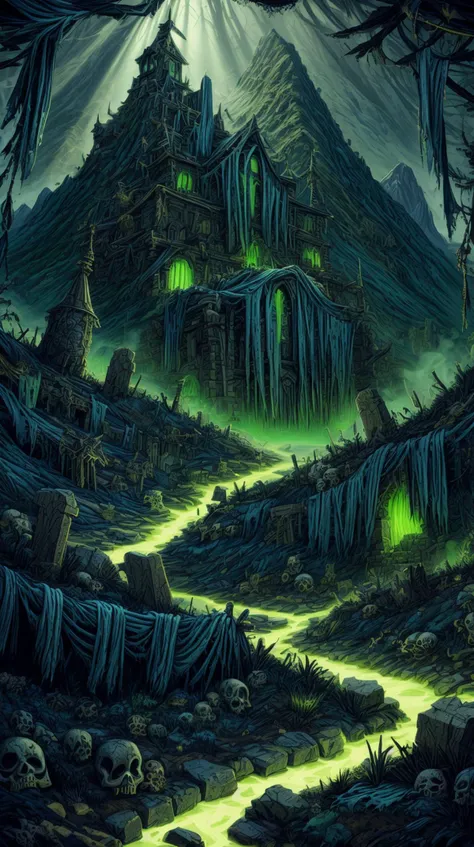 worldofsignighthaunts a mountain maze filled with booby traps and steam-powered lifts, tattered rags, green glowing aura, skeletal <lora:WorldofSigmarnighthaunts:1><lora:add_detail:0.6> <lora:LowRa:0.2> <lora:add_brightness:0.75>, (Masterpiece:1.3) (best quality:1.2) (high quality:1.1), enchanting atmosphere,dappled light,intricately detailed,fine details,with Cinestill 800T film,dynamic composition,best quality,intricate detail,film light,HDR10