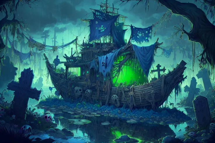 DREAD, <lora:WorldofSigmarnighthaunts:1>, tattered rags, green glowing aura, allen williams, detailed expressive eyes, fantasy style, the eccentric undead Lipplumbus with bordyleggered ufti and a climfrypowered outgrowth that shields it from rain, it is covered in fluffy crankleplumb and stalks carefully through the pearlimortaled ponds of planet fm, where oversized snarfladoodle and lurbled skruffleplink line the water's edge ,