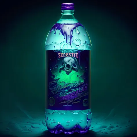 masterpiece, worldofsignighthaunts, big soda, plastic bottle, purple liquid, label, logo, text, commercial, advertisement, green glowing aura, spooky, (horror), intricate, detailed, best quality, <lora:WorldofSigmarnighthaunts:1>