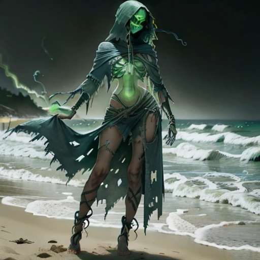 woman at the beach <lora:WorldofSigmarnighthaunts:1> worldofsignighthaunts, green glowing aura, tattered rags, skeletal