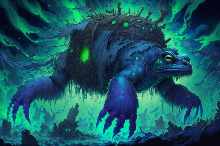 DREAD, <lora:WorldofSigmarnighthaunts:1>, tattered rags, green glowing aura, simon bisley, detailed expressive eyes, fantasy style, the rubbery oozetoad, a truly fantastical beast, with watterlined scales that change colors as it eggbreggles, here it can be seen emerging from a hidden portal amidst the swirling starlit blampf and ethereal erbelgunk of planet xinderdousen ,