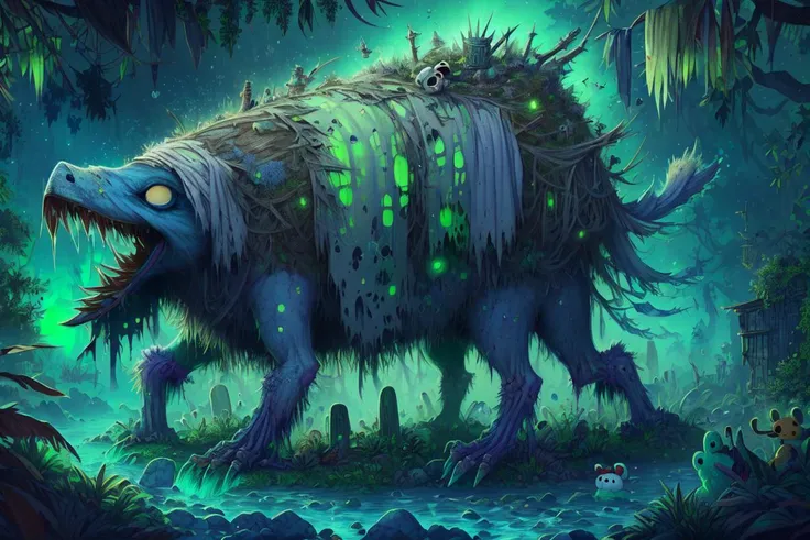 DREAD, <lora:WorldofSigmarnighthaunts:1>, tattered rags, green glowing aura, dan frazier, detailed expressive eyes, fantasy style, the legendary giant glugsac, seen here decorated in sapphire-blue dooderquack, playfully thwarps through the dense gnarled jungle of verdant blunderquack and downhippered trees on the dreaded paradisical planet hellshminger, the third ,