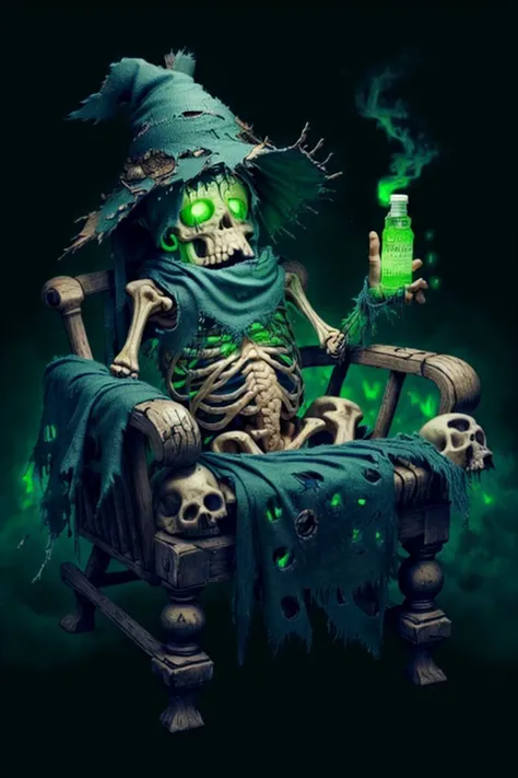 <lora:WorldofSigmarnighthaunts:1>, worldofsignighthaunts, skeletal, tattered rags, green glowing aura, bottle