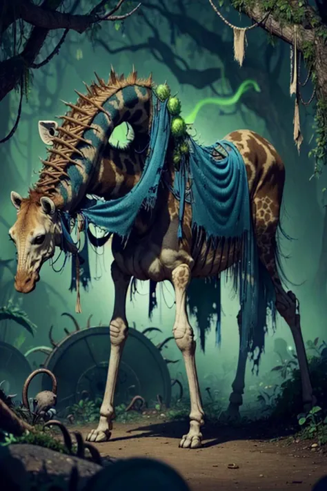 <lora:WorldofSigmarnighthaunts:1>, worldofsignighthaunts, skeletal, tattered rags, green glowing aura, Sprawling Giraffe Print Bushy Arching plant, Membranous Texture Smooth Runner, Prickly, Palmately-lobed Whorled leaf, Irregular Venation, Alternate, Wavy Leaf Margin, MustardYellow Compound Inflorescence Bell-shaped flower, Funnelform,