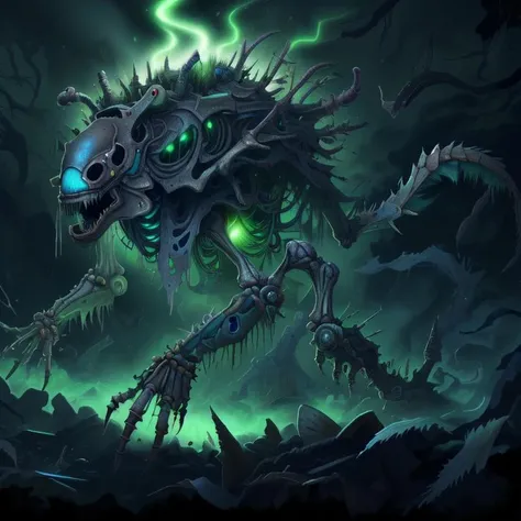 DREAD, <lora:WorldofSigmarnighthaunts:1>, tattered rags, green glowing aura, Colossal Luminous Amorphous Classic Mollusk, Decapod Single-Armed, Scaled Appendages, Multi-Tailed, Prehensile-Tailed, Icy Scales, Elongated Ears, , horror,