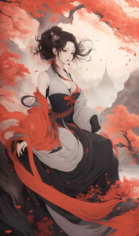 a woman in a red and black dress sitting on a rock