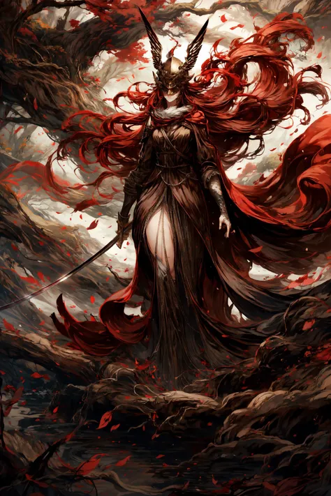 1girl,<lora:malenia_01:0.8> cursed_left_arm, winged helmet, red cape, malenia_blade, covered eyes, long hair, red hair,standing,walking at viewer,powerful pose, dominant pose,holding a sword,dry forest,death forest,tree roots,thicc,thick thighs,curvy,masterpiece,extremely detailed CG unity 8k wallpaper, best quality,32k,focus sharp, <lora:éç¦
_Zen:0.8> 5, <lora:add_detail:0.8>, <lora:Light and Shadow:0.6>