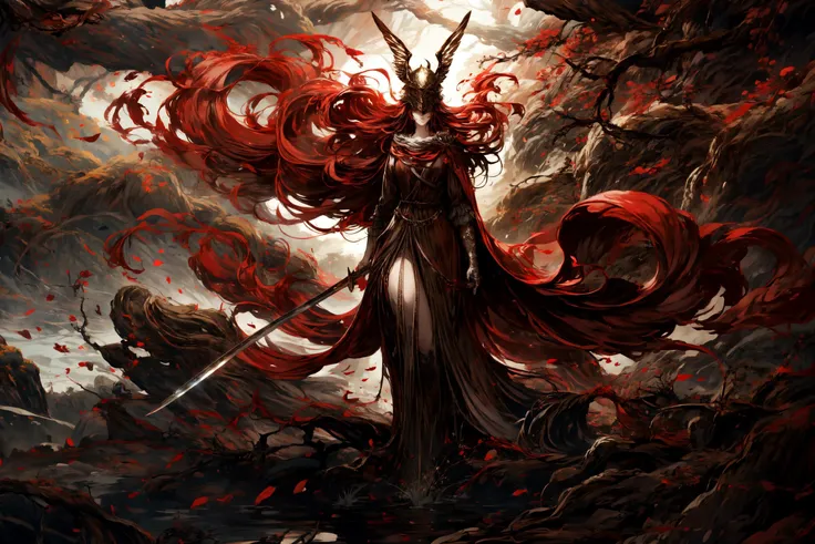 1girl,<lora:malenia_01:0.8> cursed_left_arm, winged helmet, red cape, malenia_blade, covered eyes, long hair, red hair,standing,walking at viewer,powerful pose, dominant pose,holding a sword,dry forest,death forest,tree roots,thicc,thick thighs,curvy,masterpiece,extremely detailed CG unity 8k wallpaper, best quality,32k,focus sharp, <lora:éç¦
_Zen:0.8> 5, <lora:add_detail:0.8>, <lora:Light and Shadow:0.6>