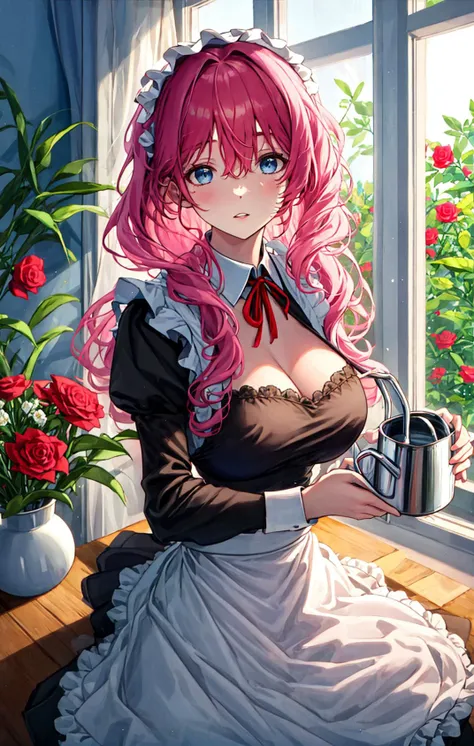 1girl, apron, bangs, black_dress, blue_eyes, blurry, blurry_foreground, blush, breasts, day, depth_of_field, dress, enmaided, eyebrows_visible_through_hair, flower, flower_pot, frills, garden, hair_between_eyes, hair_ornament, holding, indoors, juliet_sleeves, leaf, long_hair, long_sleeves, looking_at_viewer, maid, maid_apron, maid_headdress, neck_ribbon, parted_lips, pink_hair, pink_rose, plant, potted_plant, puffy_sleeves, red_flower, red_rose, ribbon, rose, solo, spider_lily, vase, watering_can, wavy_hair, white_apron, window, x_hair_ornament<lora:style_Aibek:1>