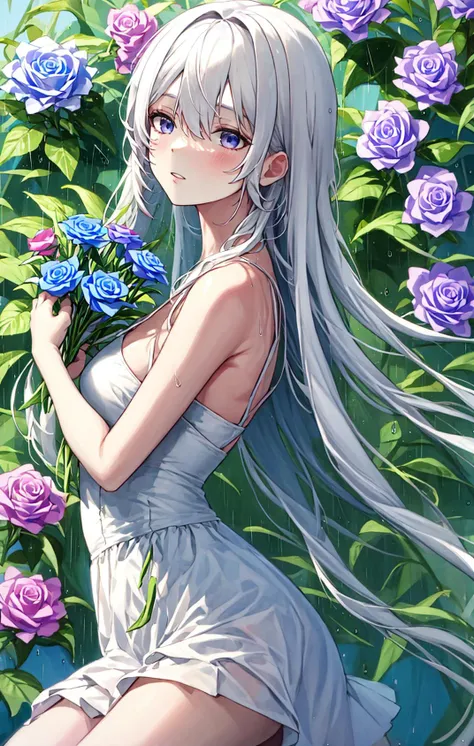 1girl, (white_hair:1.4), bangs, bare_arms, bare_shoulders, blue_eyes, blue_flower, blue_rose, blush, bouquet, breasts, dress, eyebrows_visible_through_hair, flower, green_flower, hair_between_eyes, holding, holding_bouquet, holding_flower, hydrangea, leaf, lily_\(flower\), long_hair, looking_at_viewer, medium_breasts, parted_lips, pink_rose, plant, purple_flower, purple_rose, rain, red_rose, rose, rose_petals, silver_hair, sleeveless, sleeveless_dress, solo, spoken_squiggle, squiggle, strap_slip, thorns, white_dress, white_flower, white_rose <lora:style_Aibek:1>