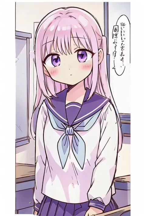 masterpiece,best qualitiy,high detail,girl,kashiwada, purple eyes, pink hair, long hair, bangs, sidelocks, blush, school uniform, serafuku, neckerchief, sailor collar, long sleeves, pleated skirt, <lora:kashiwada_lora_ver1:0.7>,No expression,classroom,long,line art,comic,border,koma,Text bubble, <lora:LZ-comic strip:0.4>