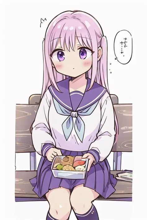 masterpiece,best qualitiy,high detail,girl,petite,kashiwada, purple eyes, pink hair, long hair, bangs, sidelocks, blush, school uniform, serafuku, neckerchief, sailor collar, long sleeves, pleated skirt, <lora:kashiwada_lora_ver1:0.7>,No expression,cafeteria,long,line art,comic,border,koma,Text bubble, <lora:LZ-comic strip:0.4> eating lunch,sitting chair,table