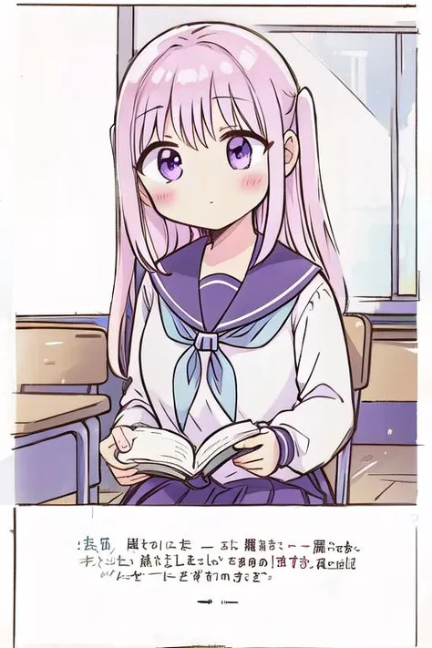 masterpiece,best qualitiy,high detail,girl,petite,kashiwada, purple eyes, pink hair, long hair, bangs, sidelocks, blush, school uniform, serafuku, neckerchief, sailor collar, long sleeves, pleated skirt, <lora:kashiwada_lora_ver1:0.7>,No expression,classroom,long,line art,comic,border,koma,Text bubble, <lora:LZ-comic strip:0.4> reading