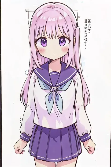 masterpiece,best qualitiy,high detail,girl,petite,kashiwada, purple eyes, pink hair, long hair, bangs, sidelocks, blush, school uniform, serafuku, neckerchief, sailor collar, long sleeves, pleated skirt, <lora:kashiwada_lora_ver1:0.7>,No expression,classroom,long,line art,comic,border,koma,Text bubble, <lora:LZ-comic strip:0.4>