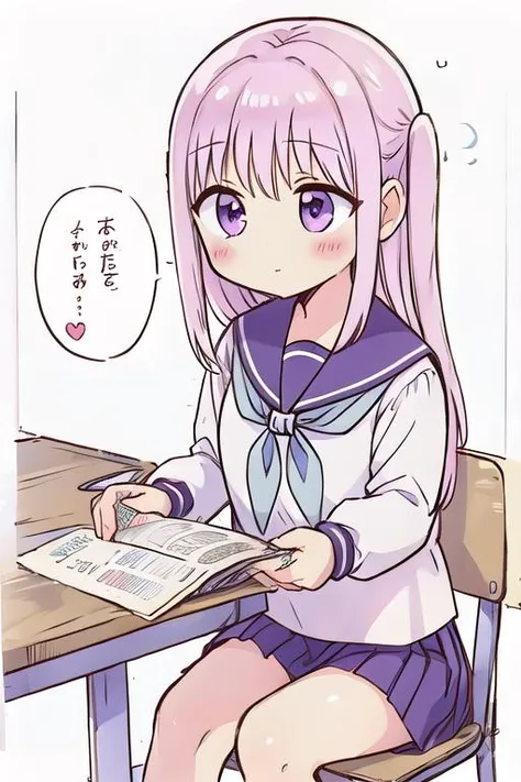 masterpiece,best qualitiy,high detail,girl,petite,kashiwada, purple eyes, pink hair,  long hair, bangs, sidelocks, blush, school uniform, serafuku, neckerchief, sailor collar, long sleeves, pleated skirt, <lora:kashiwada_lora_ver1:0.7>,No expression,cafeteria,long,line art,comic,border,koma,Text bubble, <lora:LZ-comic strip:0.4> eating lunch,sitting chair,table