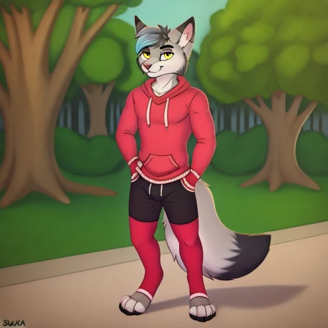 <lora:shuva_cat-50:0.7>
masterpiece, detailed, solo, 1boy, male,
shuva_cat, cat, grey fur, fox tail, yellow eyes, bedroom eyes, looking at viewer, dark paws, pink pads,
clothed, red short sweatshirt, red elbow gloves, fingerless gloves, black shorts, red thigh stockings,
standing on 2 legs, park