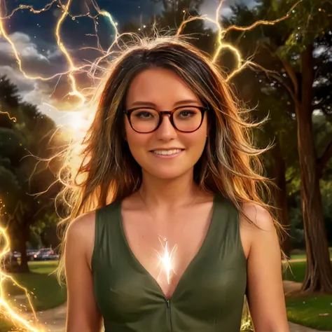 a beautiful picture of jeannieMXR ,detailed skin texture,masterpiece, photorealistic, woman, glasses, RAW color photo,(fully in frame:1.1), (blush:0.5), (goosebumps:0.5), smiling, outdoors,park,wearing a green dress, <lora:jeannieMXR:1> <lora:electricity:1> lighting_thunder, lightning, electricity, glowing
