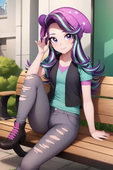 (masterpiece, best quality:1.2), <lyco:mlp_starlightglimmer-10:1.0>, solo, 1girl, mlpglimmer, colored skin, smile, looking at viewer, sitting, bench, streaked hair, purple eyes, hat, torn clothes, shirt, short sleeves, vest, pants, urban city