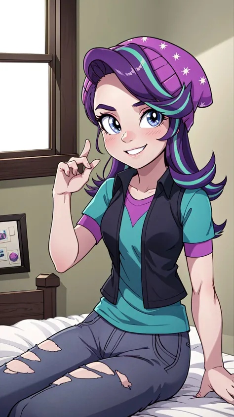 1girl,masterpiece,(detailed background),best quality,absurdres,bedroom,bed,window,<lora:mlp_starlightglimmer-10:1>,mlpglimmer,shirt,hat,short sleeves,pants,vest,streaked hair,torn clothes,colored skin,beanie,torn pants,solo,smile,(sitting on bed),dynamic angle,solo,solo focus,looking at viewer,
