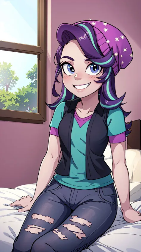 1girl,masterpiece,(detailed background),best quality,absurdres,bedroom,bed,window,<lora:mlp_starlightglimmer-10:1>,mlpglimmer,shirt,hat,short sleeves,pants,vest,streaked hair,torn clothes,colored skin,beanie,torn pants,solo,smile,(sitting on bed),dynamic angle,solo,solo focus,looking at viewer,