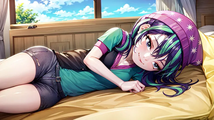 1girl,masterpiece,(detailed background),best quality,absurdres,bedroom,bed,window,<lora:mlp_starlightglimmer-10:1>,mlpglimmer,shirt,hat,short sleeves,pants,vest,streaked hair,torn clothes,colored skin,beanie,torn pants,solo,smile,on side,