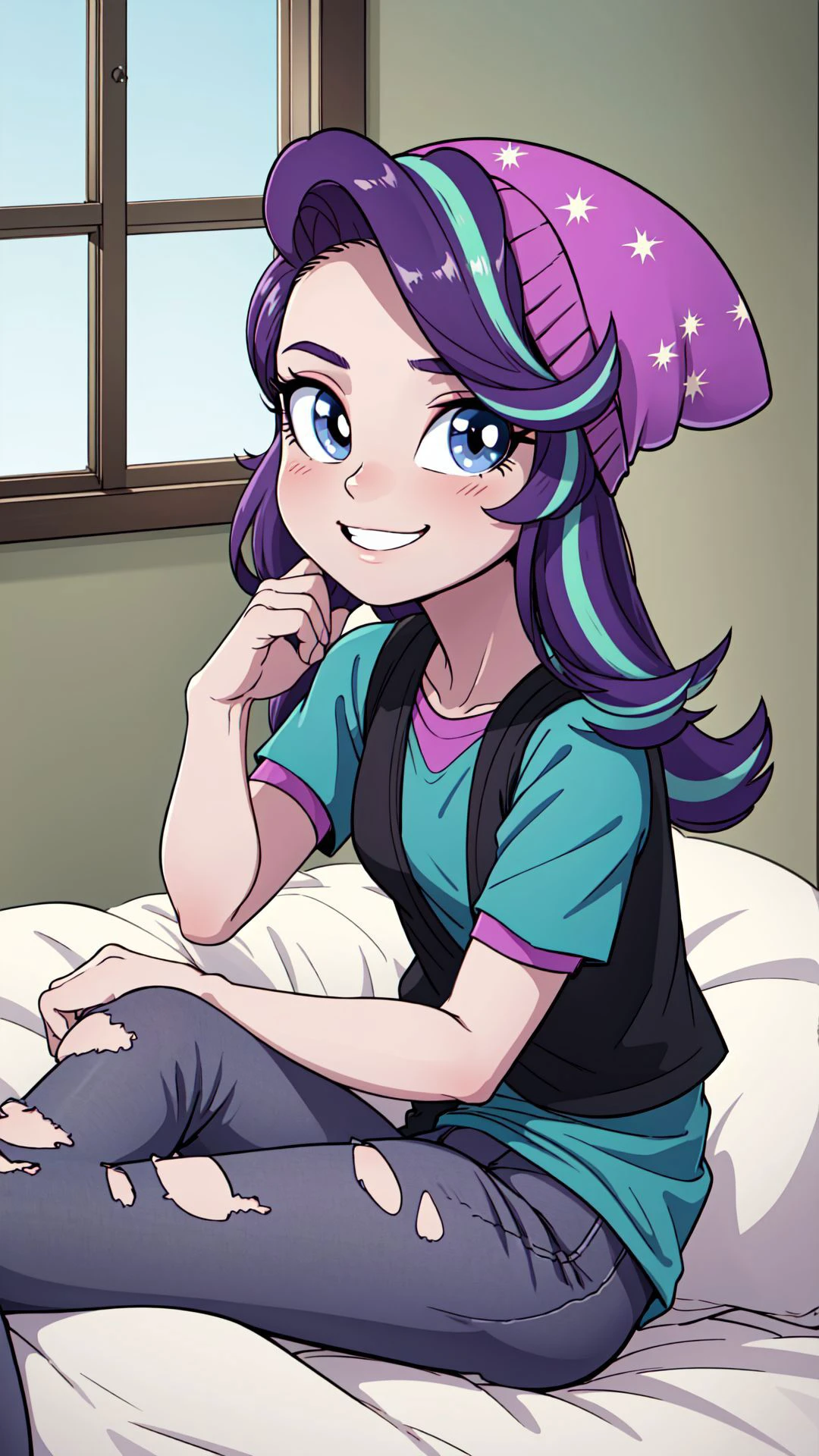 1girl,masterpiece,(detailed background),best quality,absurdres,bedroom,bed,window,<lora:mlp_starlightglimmer-10:1>,mlpglimmer,shirt,hat,short sleeves,pants,vest,streaked hair,torn clothes,colored skin,beanie,torn pants,solo,smile,(sitting on bed),dynamic angle,solo,solo focus,looking at viewer,