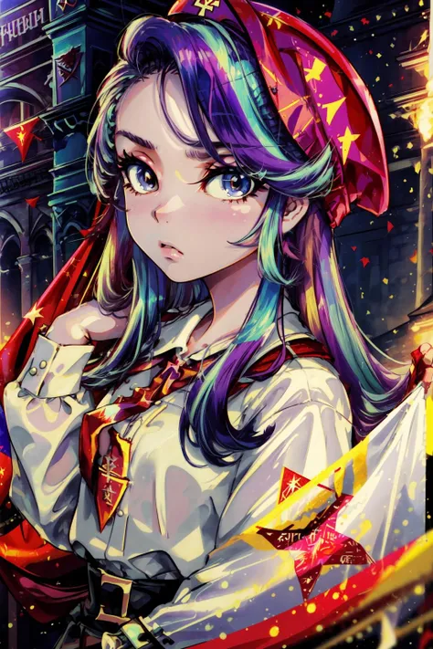 masterpiece,best quality,1girl,mlpglimmer,colored skin,streaked hair,sopi,soviet pioneer,soviet flag,soviet,<lora:mlp_starlightglimmer:0.9>,<lora:sopi:1>,
