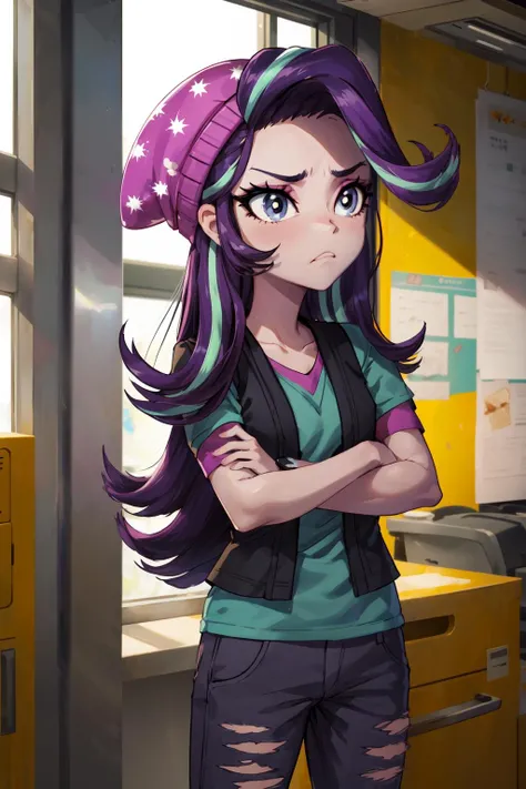 masterpiece,best quality,1girl,mlpglimmer,colored skin,streaked hair,hat,torn clothes,shirt,short sleeves,vest,pants,light frown,crossed arms,school canteen,<lora:mlp_starlightglimmer:1>,
