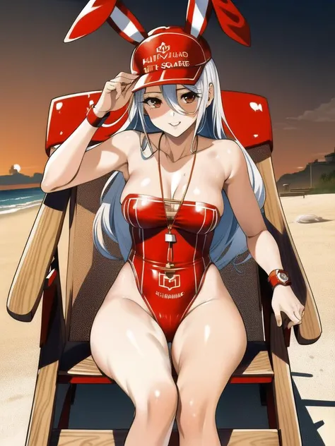 Prinz Heinrich a woman in a red lifeguard outfit sitting on a beach chair, red cap, lifeguard_outfit, bunny ears (masterpiece, realistic, best quality, 1girl:1.3), (extremely intricate:1.2), beach background, <lora:prinzheinrich:0.7>