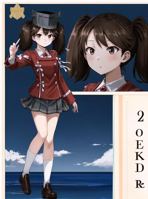 <lora:Ryuujou:1> Ryuujou, brown hair, brown eyes, twintails, visor cap, military uniform, skirt, shoes, socks, reference sheet, model sheet, multiple views, ocean <lora:reference sheet-model sheet:1>