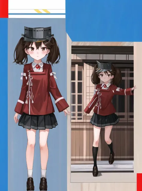 <lora:Ryuujou:1> Ryuujou, brown hair, brown eyes, twintails, visor cap, military uniform, skirt, shoes, socks, reference sheet, model sheet, <lora:reference sheet-model sheet:1>